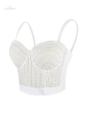 Pearls Beaded Bustier Crop Top Corset Party Clubwear Push-Up Bra
